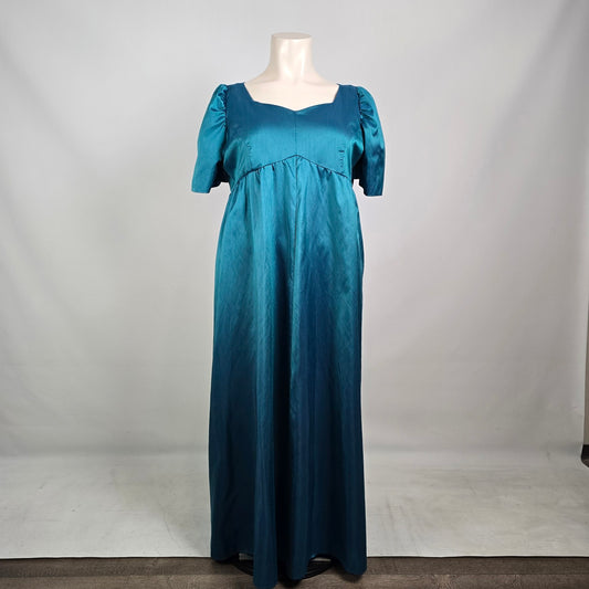 Teal Satin Empire Waist Maxi Dress Puff Sleeve Regency Formal Vintage Inspired Size 3XL