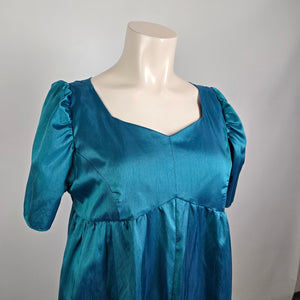 Teal Satin Empire Waist Maxi Dress Puff Sleeve Regency Formal Vintage Inspired Size 3XL