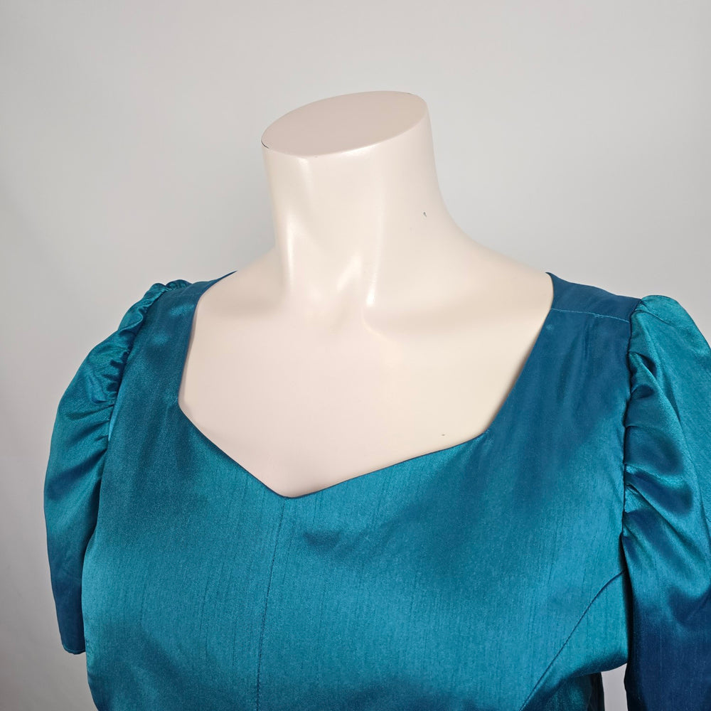 Teal Satin Empire Waist Maxi Dress Puff Sleeve Regency Formal Vintage Inspired Size 3XL