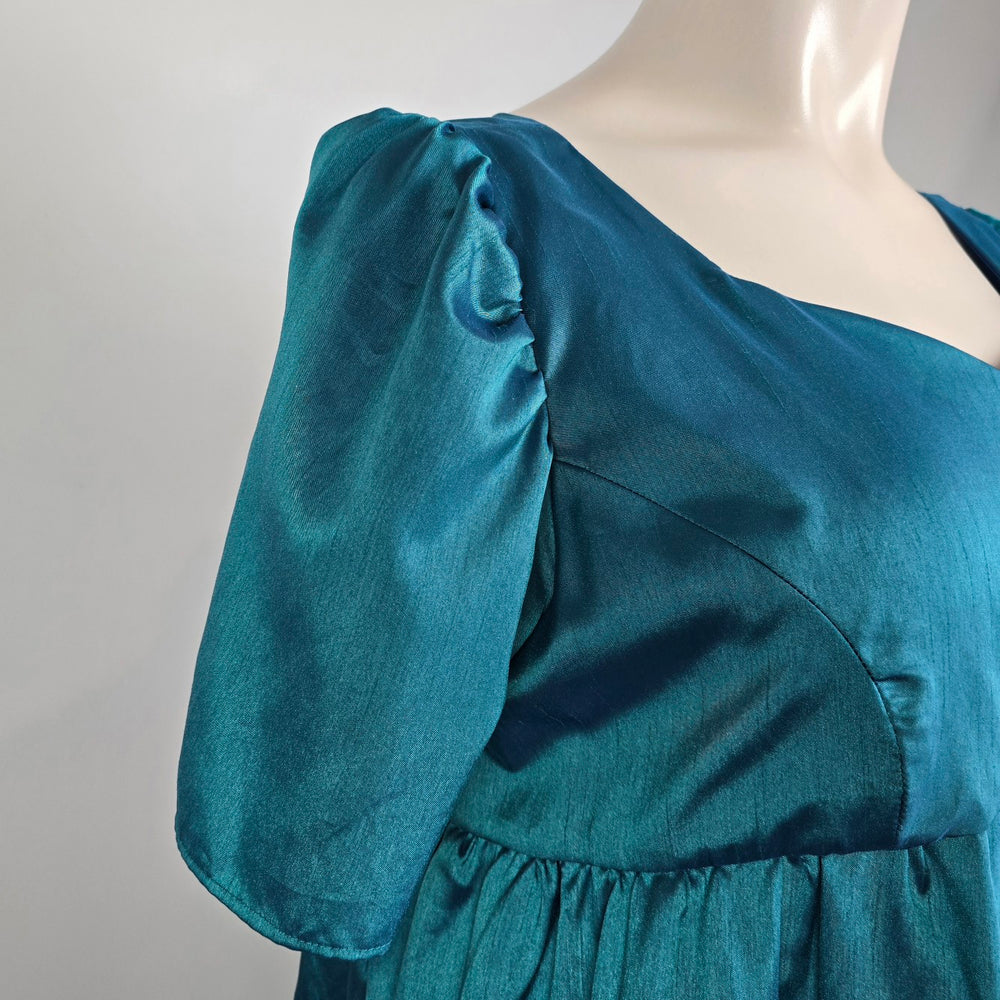 Teal Satin Empire Waist Maxi Dress Puff Sleeve Regency Formal Vintage Inspired Size 3XL