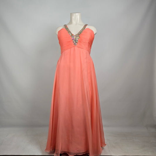Night Moves Coral Chiffon Evening Gown Size 20W Beaded Formal Dress Flowy & Elegant