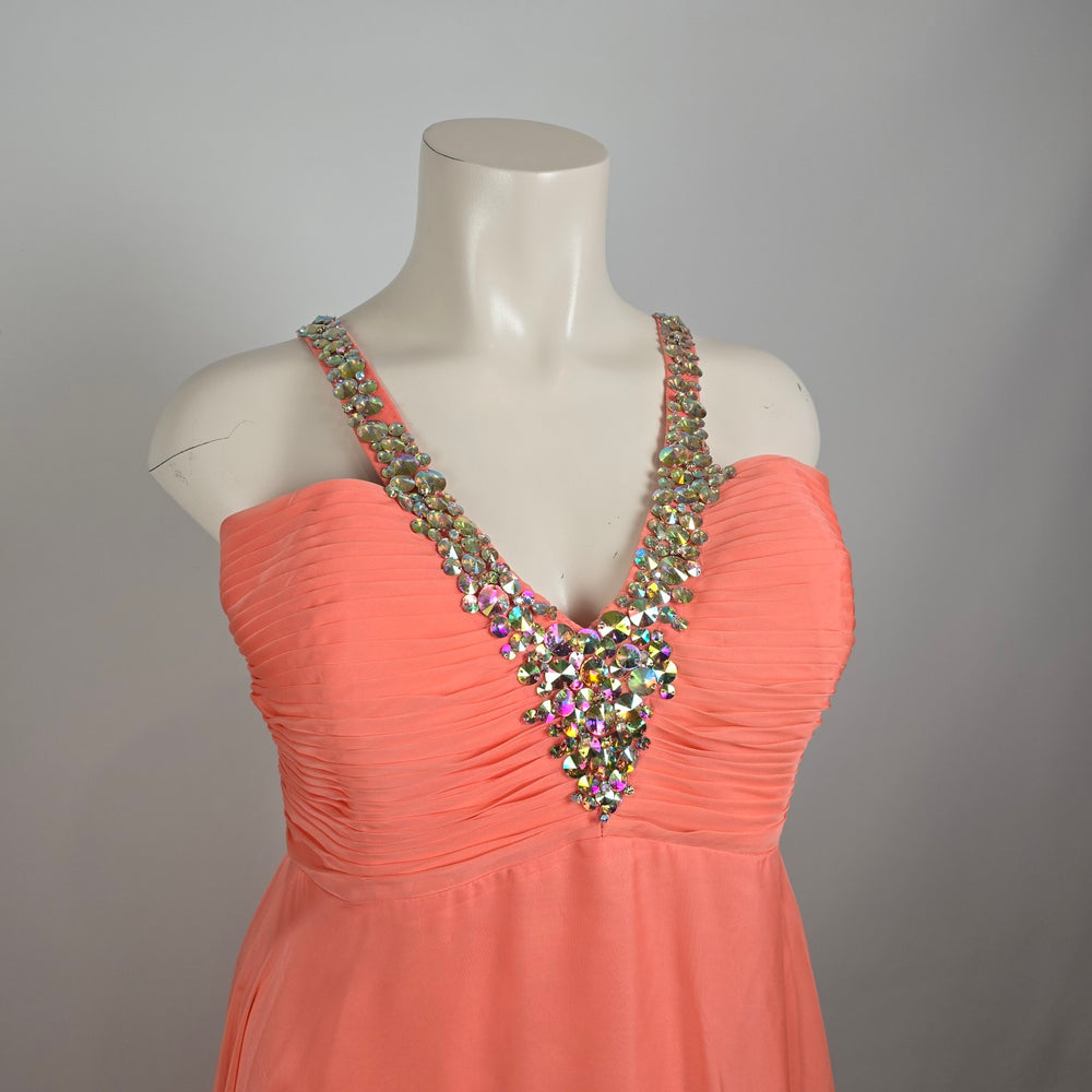 Night Moves Coral Chiffon Evening Gown Size 20W Beaded Formal Dress Flowy & Elegant