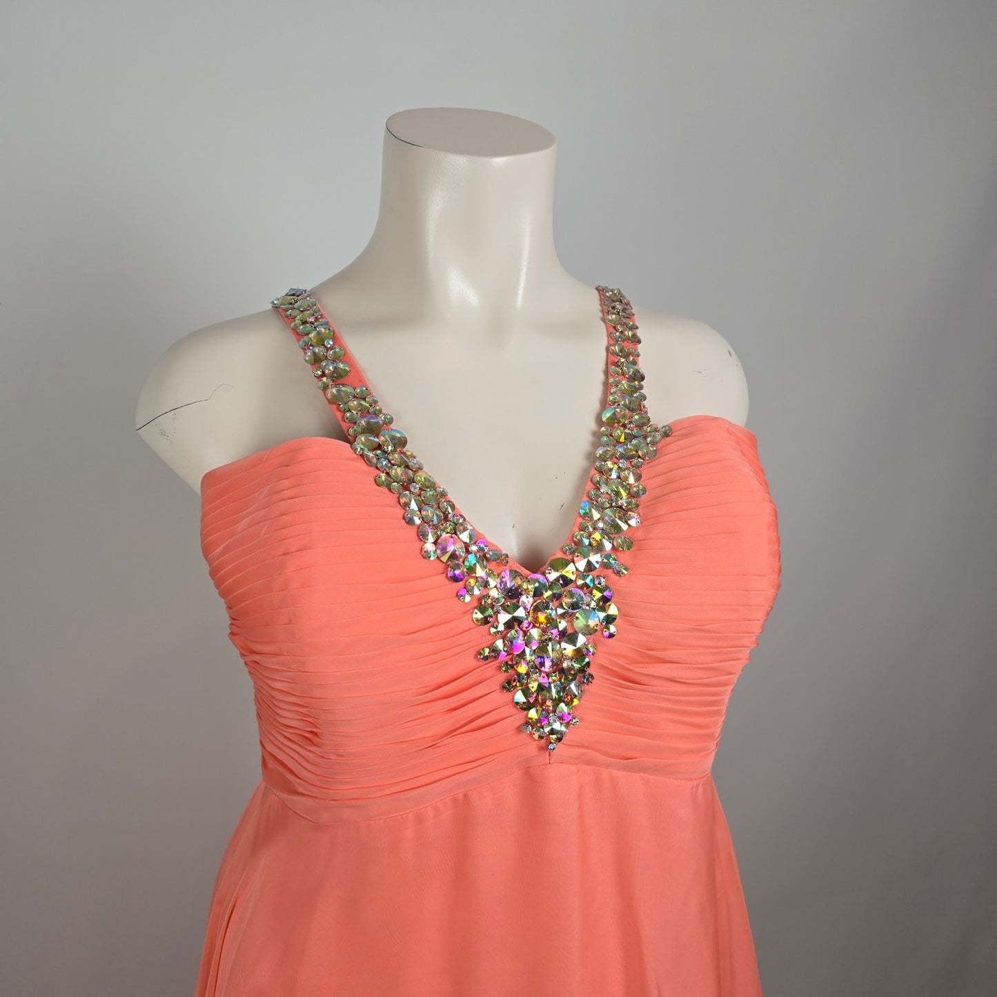 Night Moves Coral Chiffon Evening Gown Size 20W Beaded Formal Dress Flowy & Elegant