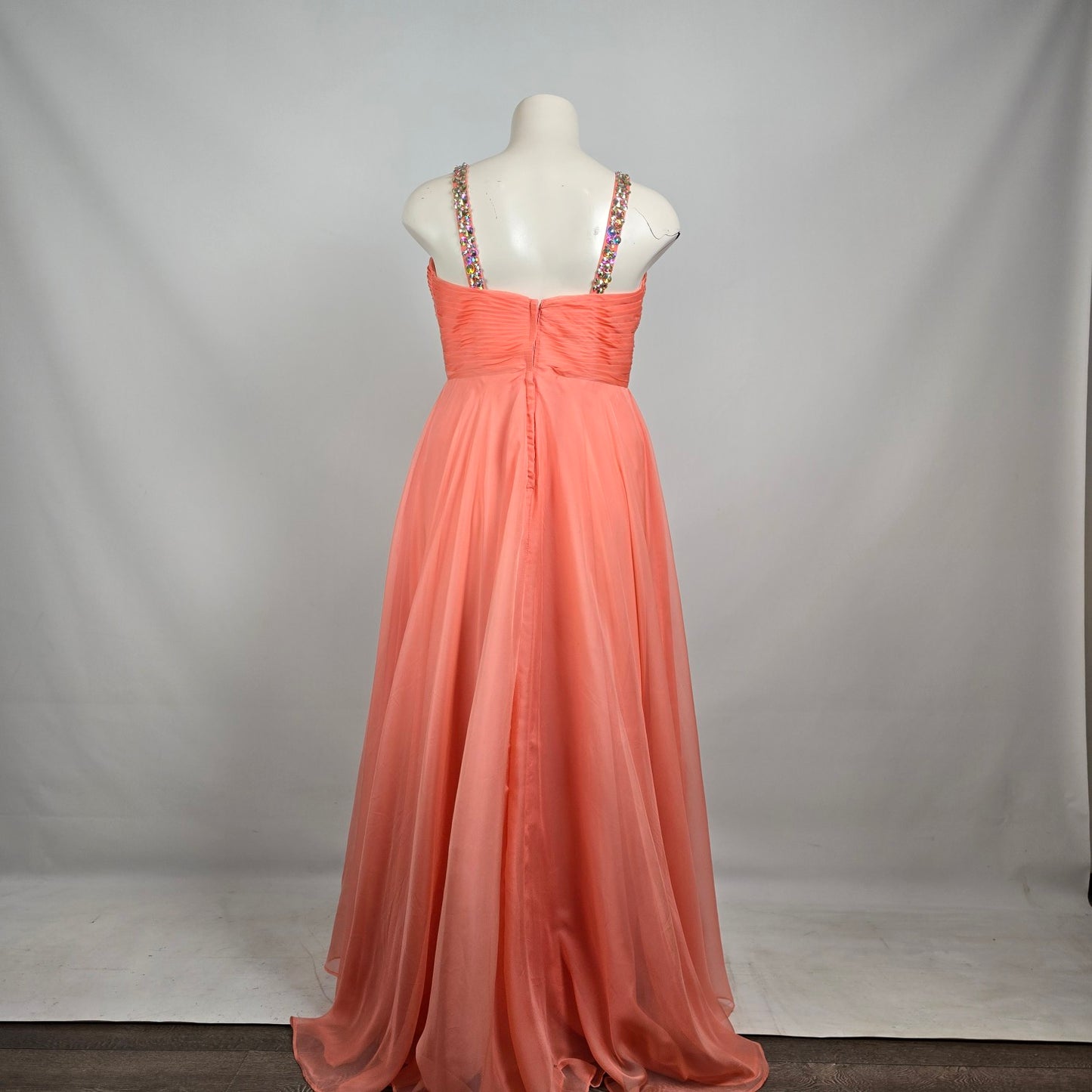Night Moves Coral Chiffon Evening Gown Size 20W Beaded Formal Dress Flowy & Elegant