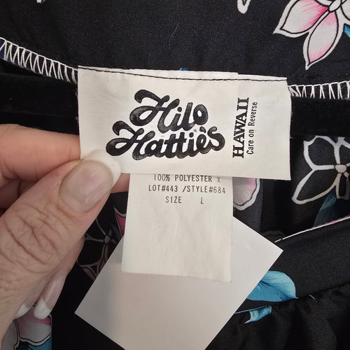 Vintage Hilo Hattie Hawaiian Maxi Dress Size L Black Floral Short Sleeve