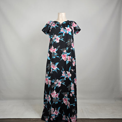 Vintage Hilo Hattie Hawaiian Maxi Dress Size L Black Floral Short Sleeve
