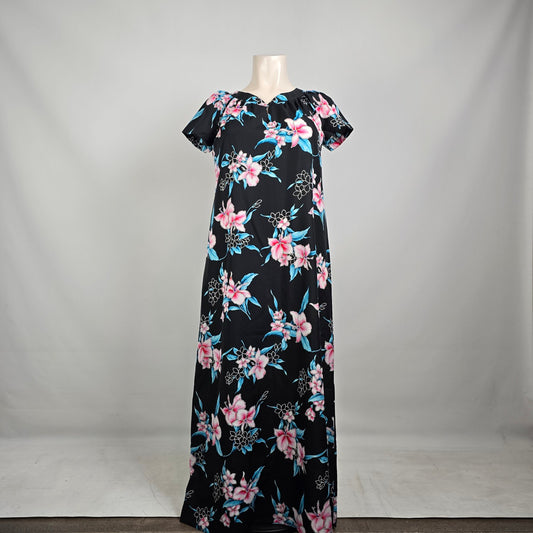 Vintage Hilo Hattie Hawaiian Maxi Dress Size L Black Floral Short Sleeve