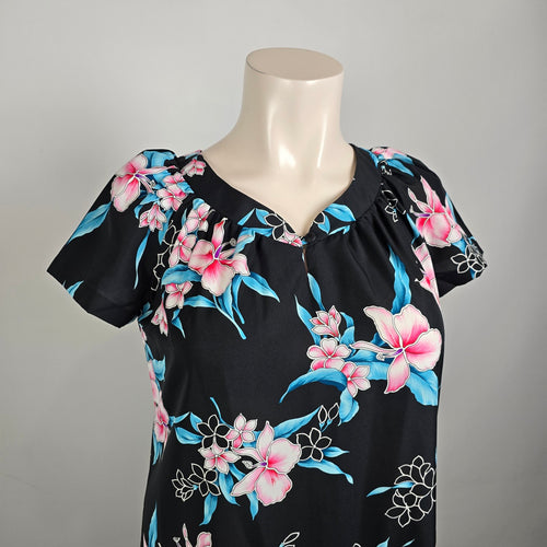 Vintage Hilo Hattie Hawaiian Maxi Dress Size L Black Floral Short Sleeve
