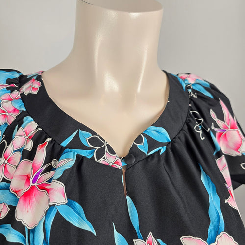 Vintage Hilo Hattie Hawaiian Maxi Dress Size L Black Floral Short Sleeve