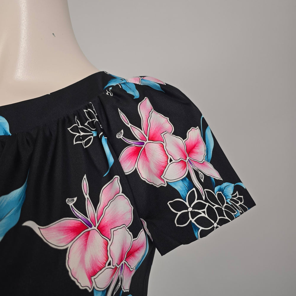 Vintage Hilo Hattie Hawaiian Maxi Dress Size L Black Floral Short Sleeve