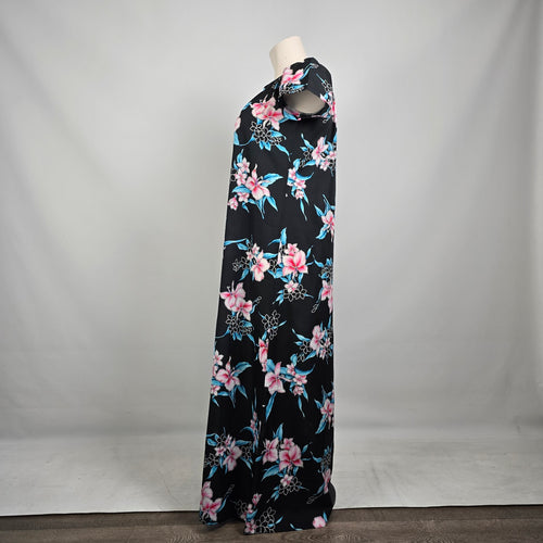 Vintage Hilo Hattie Hawaiian Maxi Dress Size L Black Floral Short Sleeve