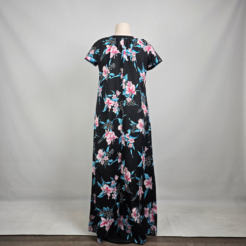 Vintage Hilo Hattie Hawaiian Maxi Dress Size L Black Floral Short Sleeve