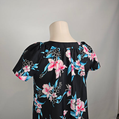 Vintage Hilo Hattie Hawaiian Maxi Dress Size L Black Floral Short Sleeve