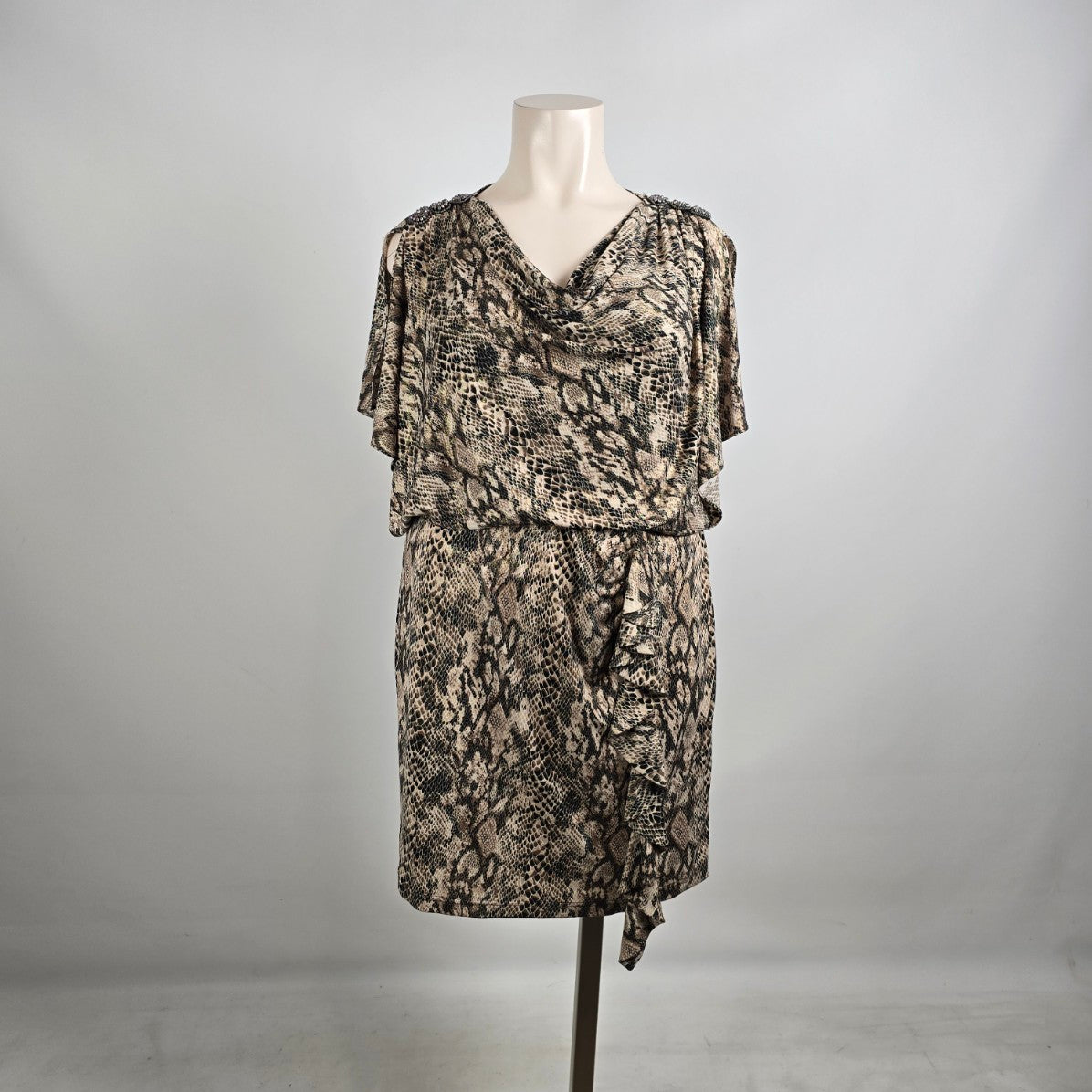 R&M Richards Snakeskin Print Dress Plus Size 18W Draped Overlay Ruffle Detail