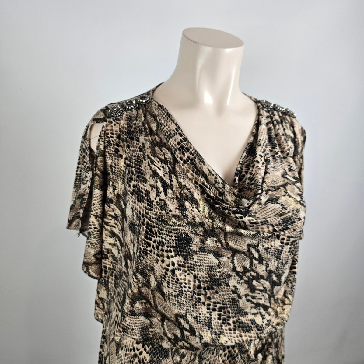 R&M Richards Snakeskin Print Dress Plus Size 18W Draped Overlay Ruffle Detail