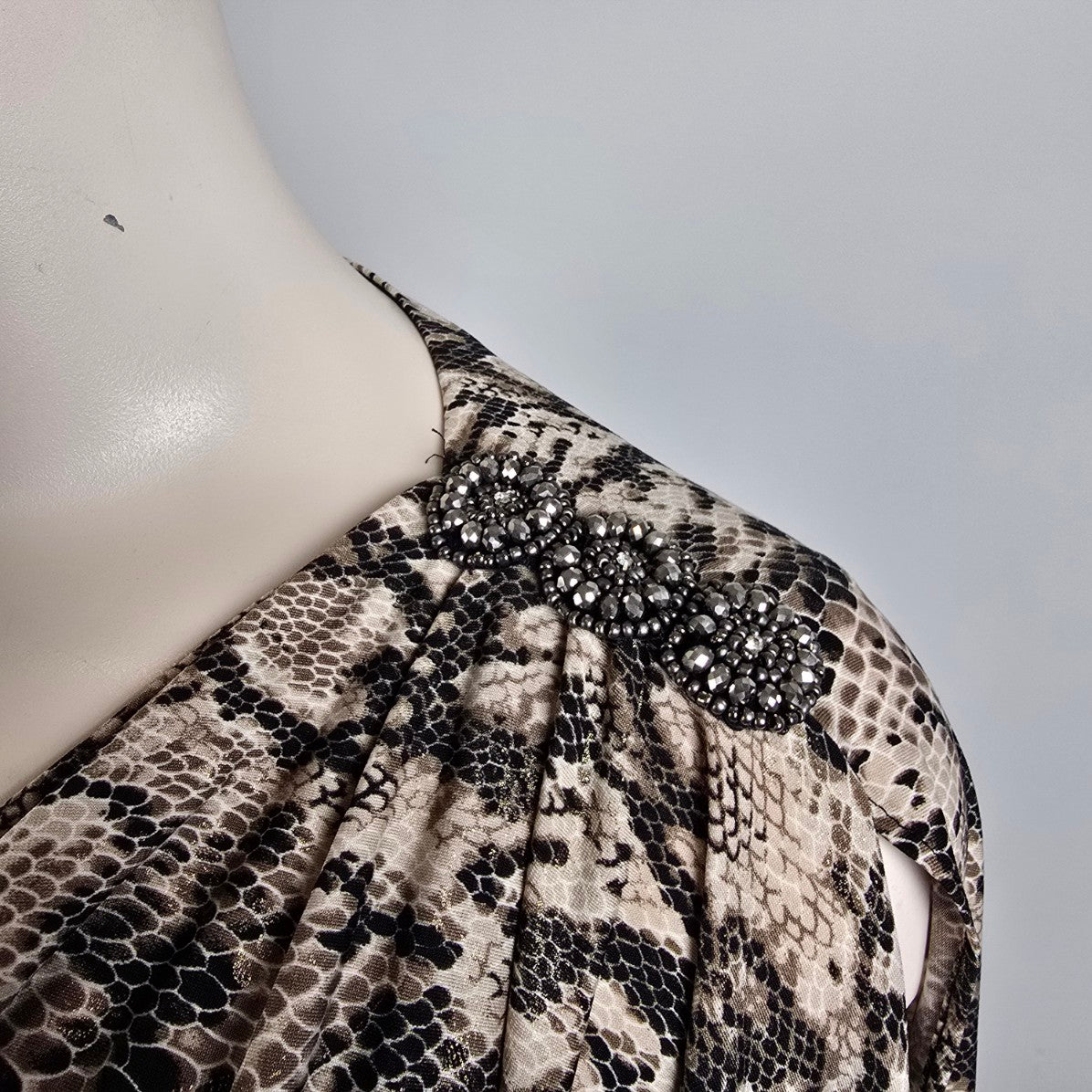 R&M Richards Snakeskin Print Dress Plus Size 18W Draped Overlay Ruffle Detail