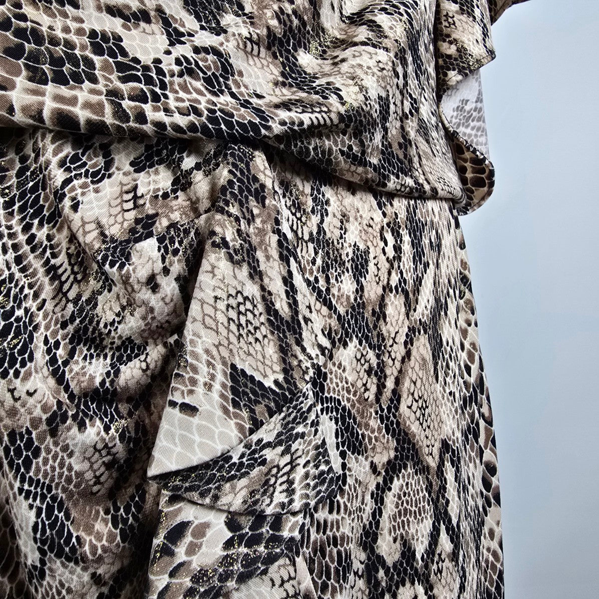 R&M Richards Snakeskin Print Dress Plus Size 18W Draped Overlay Ruffle Detail