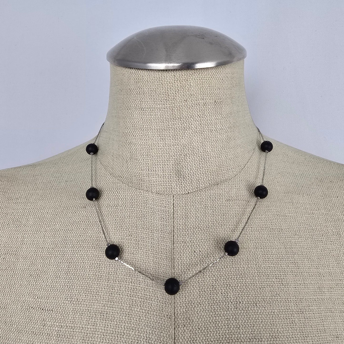 Fifth Avenue Black Beaded Necklace Minimalist Silver Tone Chain