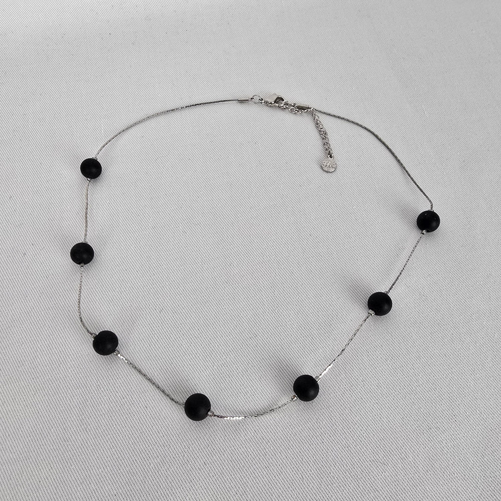 Fifth Avenue Black Beaded Necklace Minimalist Silver Tone Chain