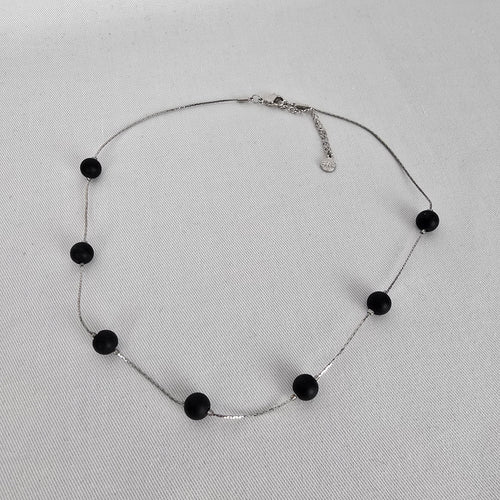 Fifth Avenue Black Beaded Necklace Minimalist Silver Tone Chain