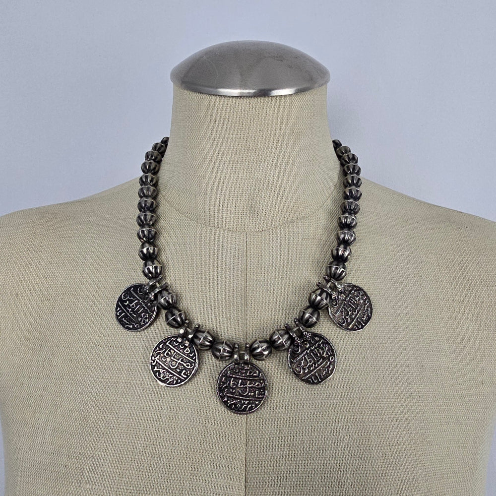Indian Metal Coin Necklace Silver Tone Beaded Statement Boho Tribal Style