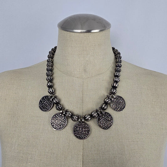 Indian Metal Coin Necklace Silver Tone Beaded Statement Boho Tribal Style