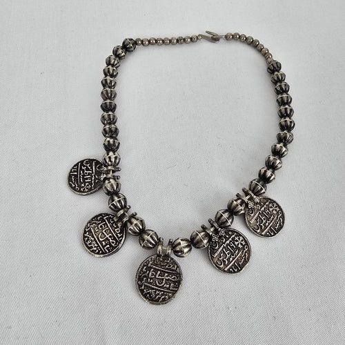 Indian Metal Coin Necklace Silver Tone Beaded Statement Boho Tribal Style
