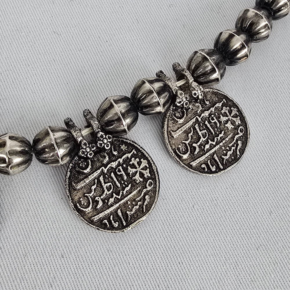 Indian Metal Coin Necklace Silver Tone Beaded Statement Boho Tribal Style