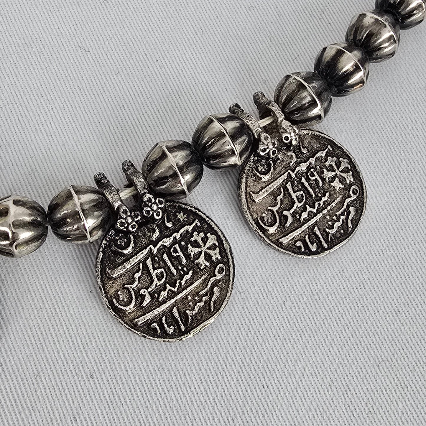 Indian Metal Coin Necklace Silver Tone Beaded Statement Boho Tribal Style