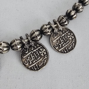 Indian Metal Coin Necklace Silver Tone Beaded Statement Boho Tribal Style
