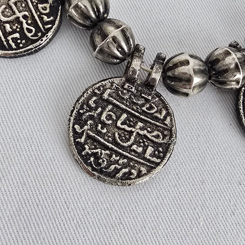 Indian Metal Coin Necklace Silver Tone Beaded Statement Boho Tribal Style