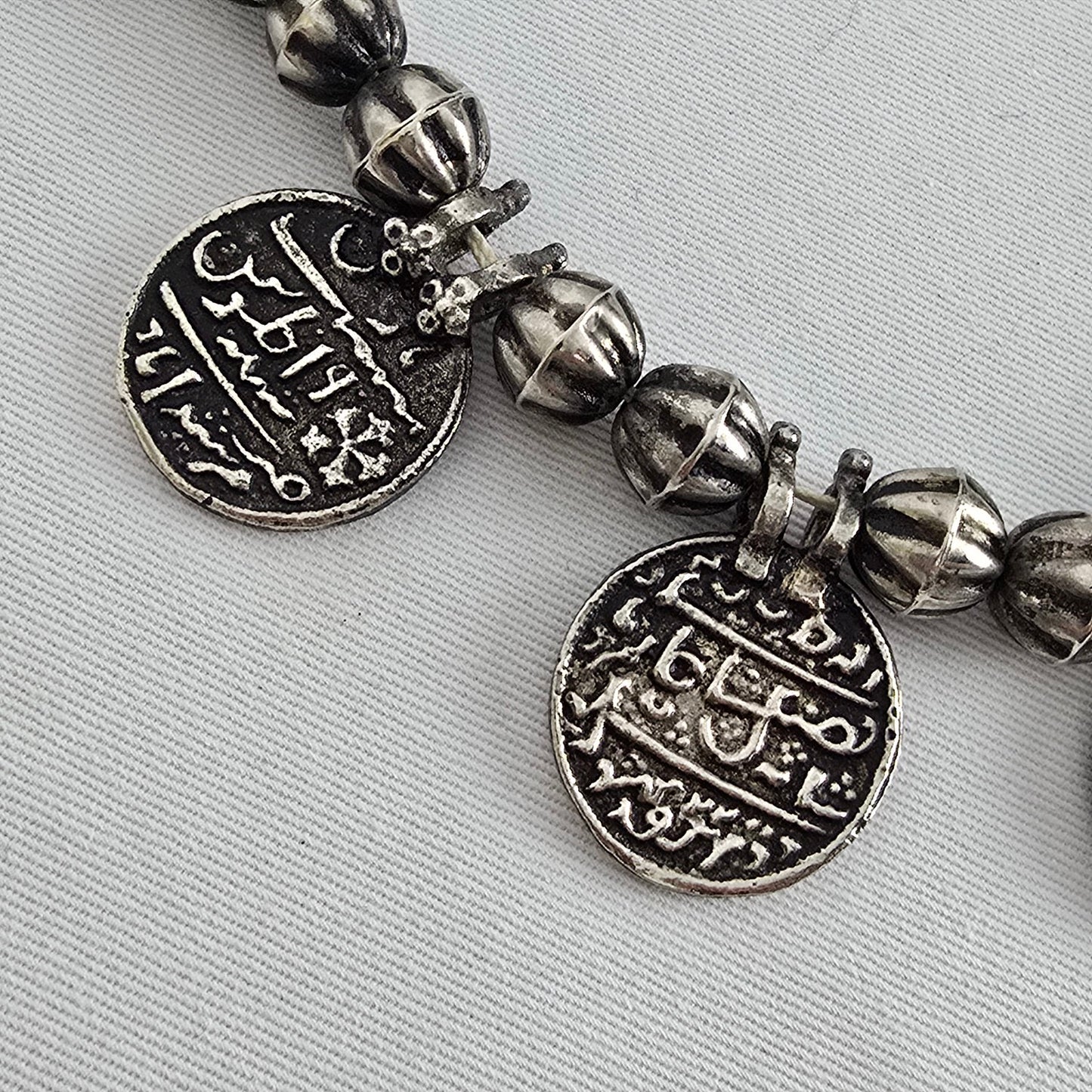 Indian Metal Coin Necklace Silver Tone Beaded Statement Boho Tribal Style
