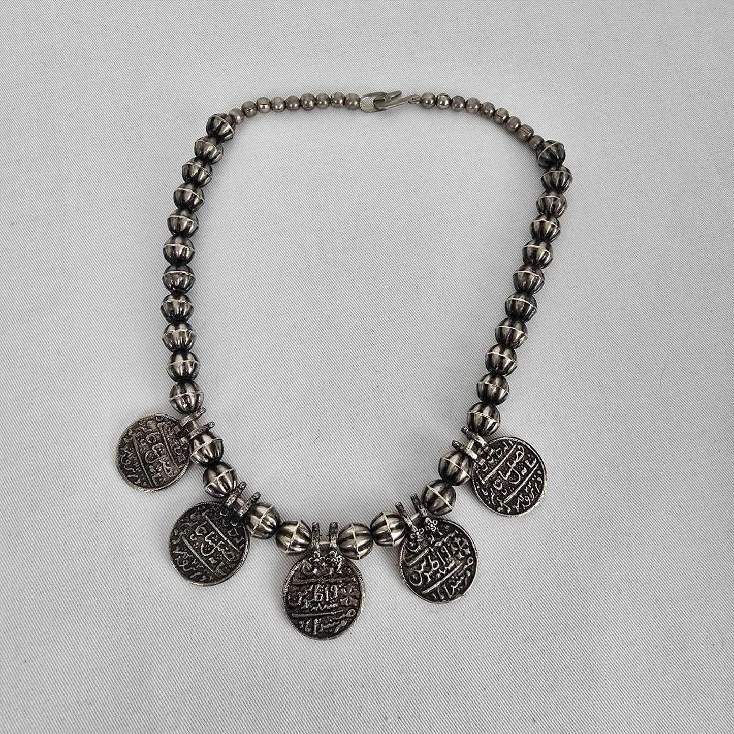 Indian Metal Coin Necklace Silver Tone Beaded Statement Boho Tribal Style