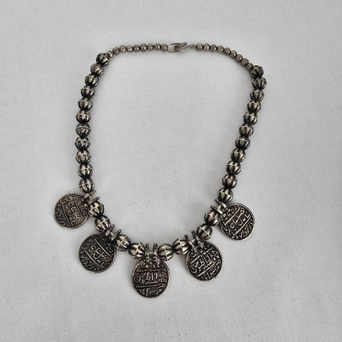 Indian Metal Coin Necklace Silver Tone Beaded Statement Boho Tribal Style