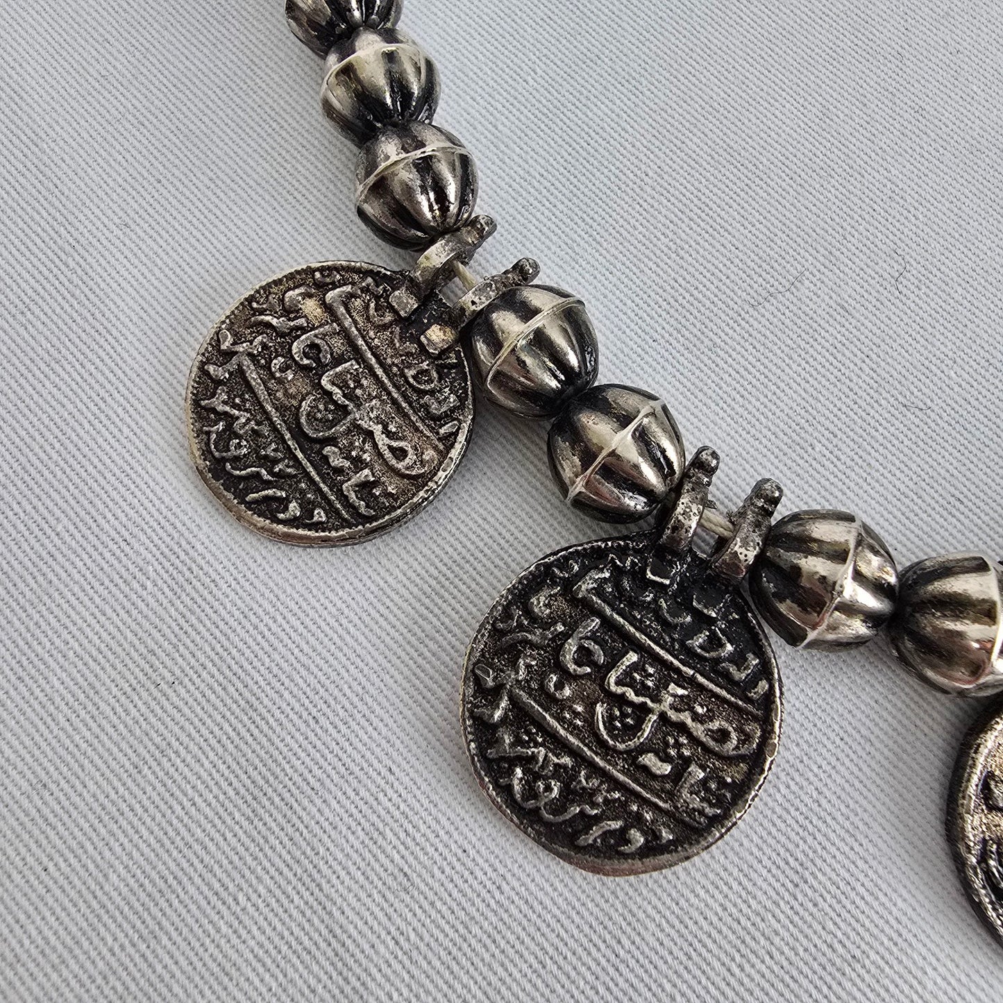 Indian Metal Coin Necklace Silver Tone Beaded Statement Boho Tribal Style