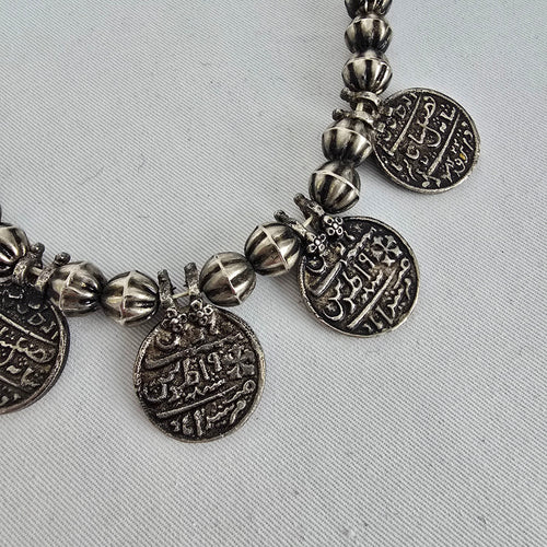 Indian Metal Coin Necklace Silver Tone Beaded Statement Boho Tribal Style