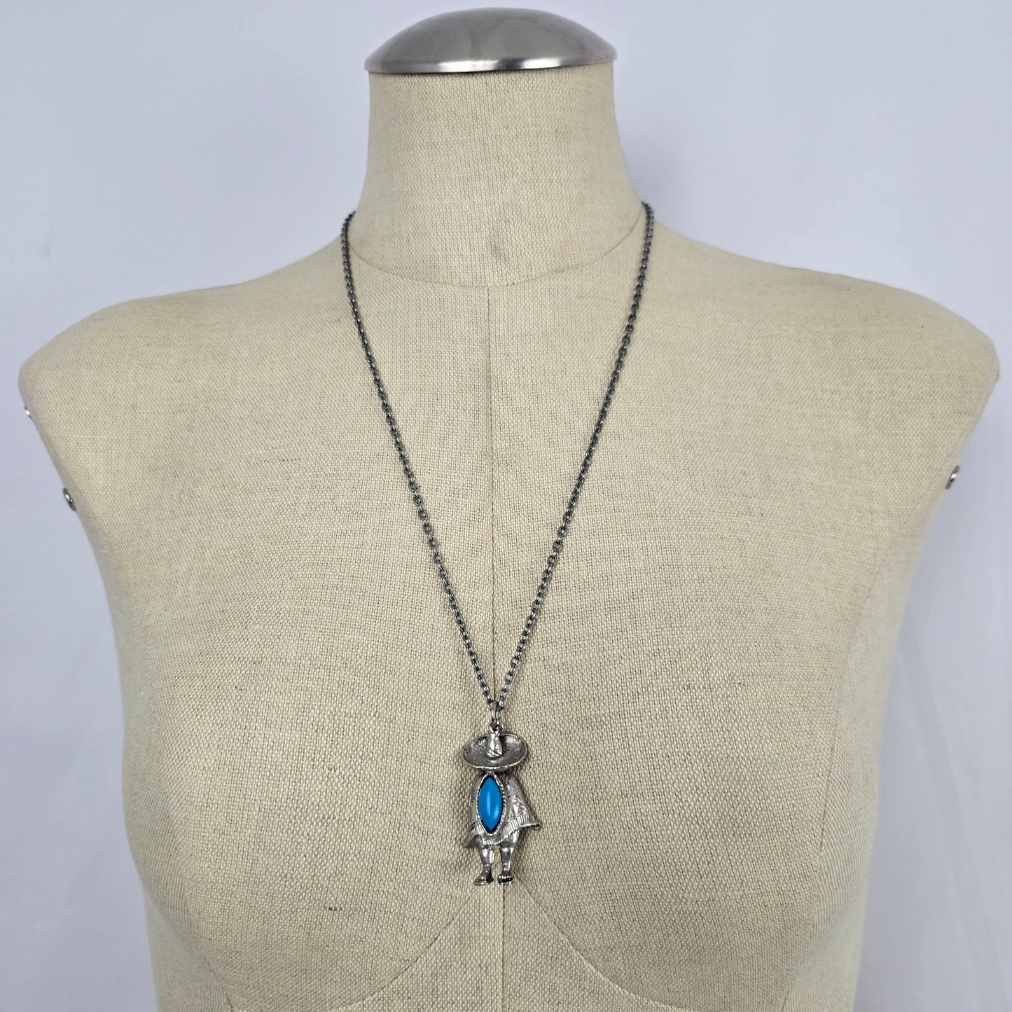 Vintage Style Turquoise Pendant Necklace Southwestern Figure Silver Tone Chain