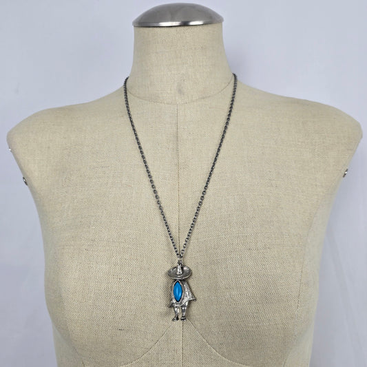 Vintage Style Turquoise Pendant Necklace Southwestern Figure Silver Tone Chain