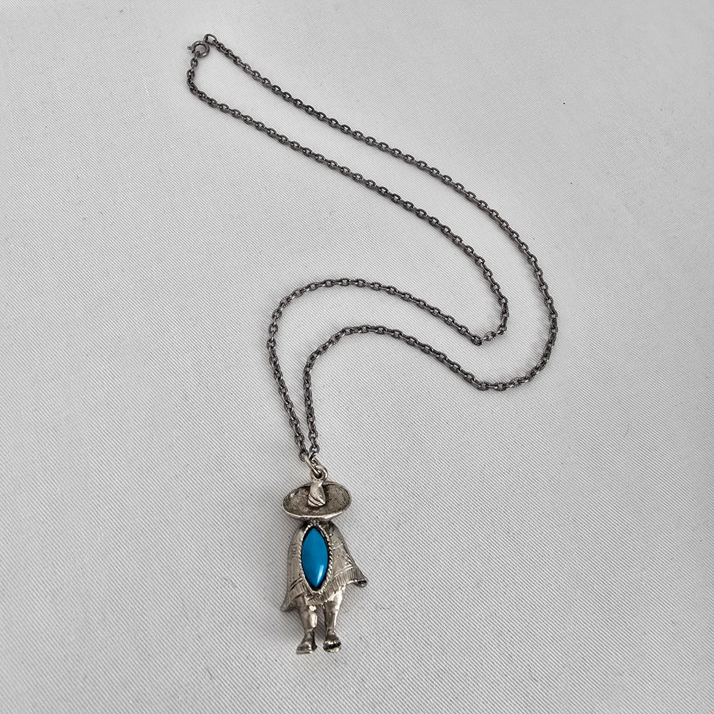 Vintage Style Turquoise Pendant Necklace Southwestern Figure Silver Tone Chain