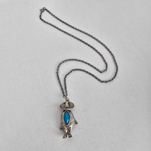 Vintage Style Turquoise Pendant Necklace Southwestern Figure Silver Tone Chain