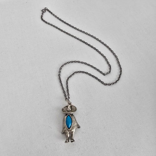Vintage Style Turquoise Pendant Necklace Southwestern Figure Silver Tone Chain