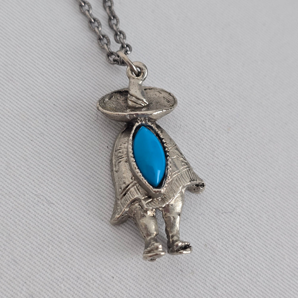 Vintage Style Turquoise Pendant Necklace Southwestern Figure Silver Tone Chain