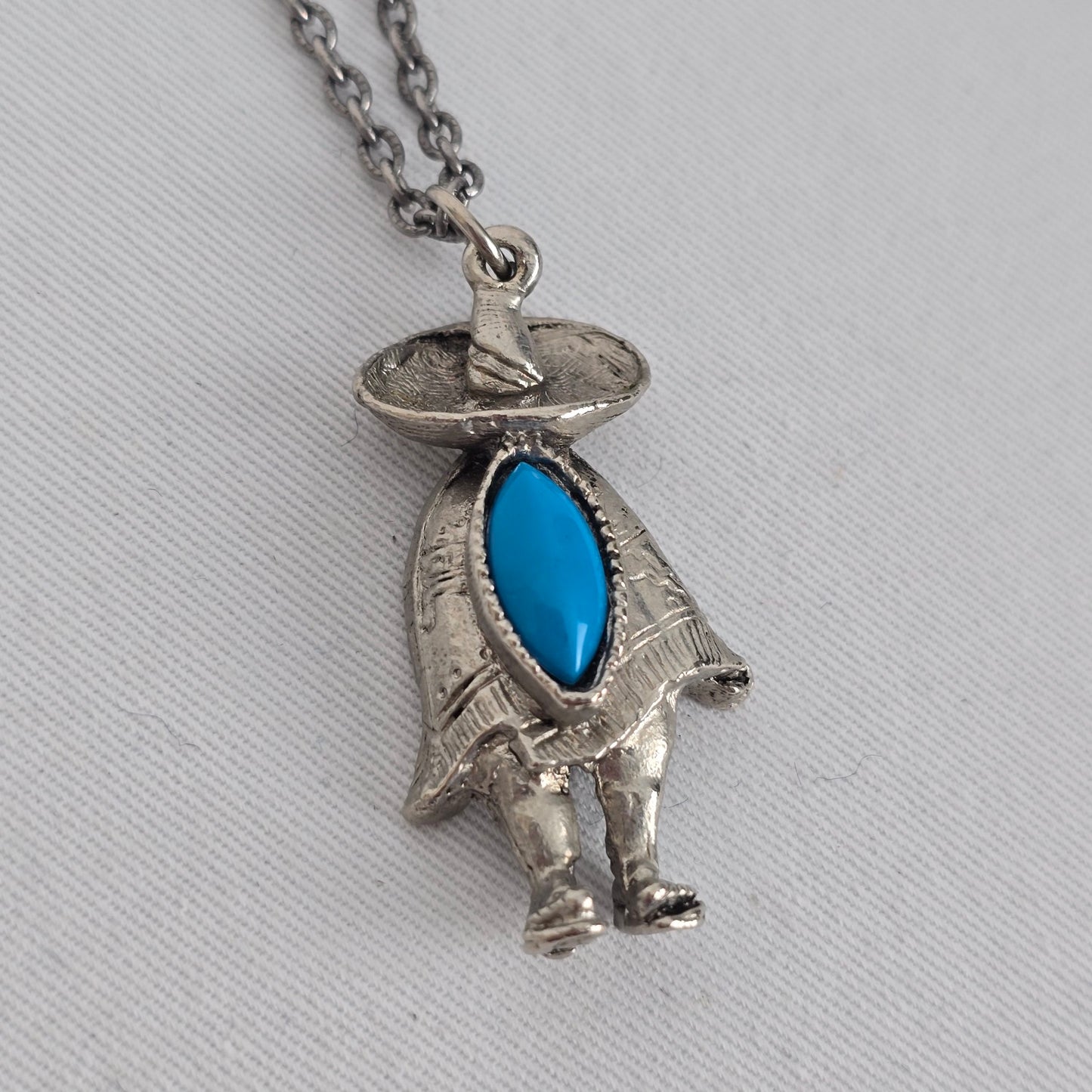 Vintage Style Turquoise Pendant Necklace Southwestern Figure Silver Tone Chain