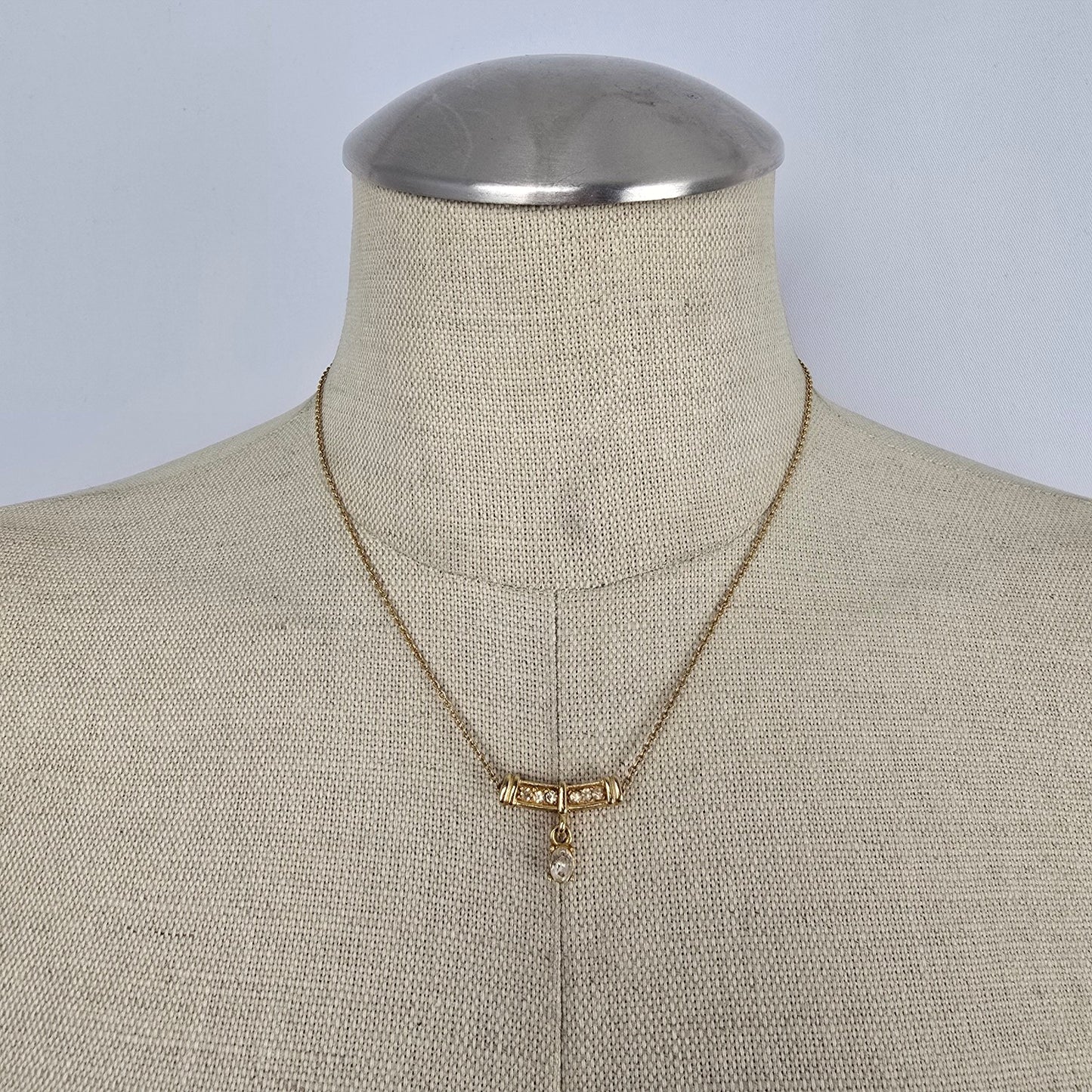 Vintage Gold Tone Bar Necklace Rhinestone Detail Dainty Drop Pendant