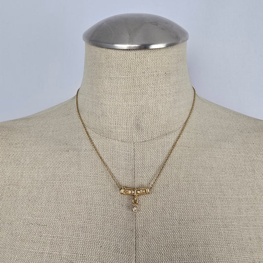 Vintage Gold Tone Bar Necklace Rhinestone Detail Dainty Drop Pendant