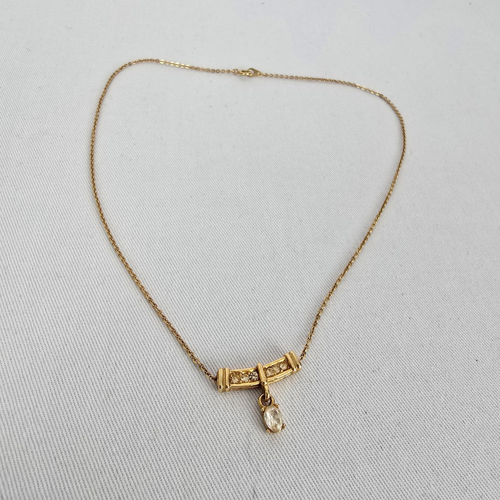 Vintage Gold Tone Bar Necklace Rhinestone Detail Dainty Drop Pendant