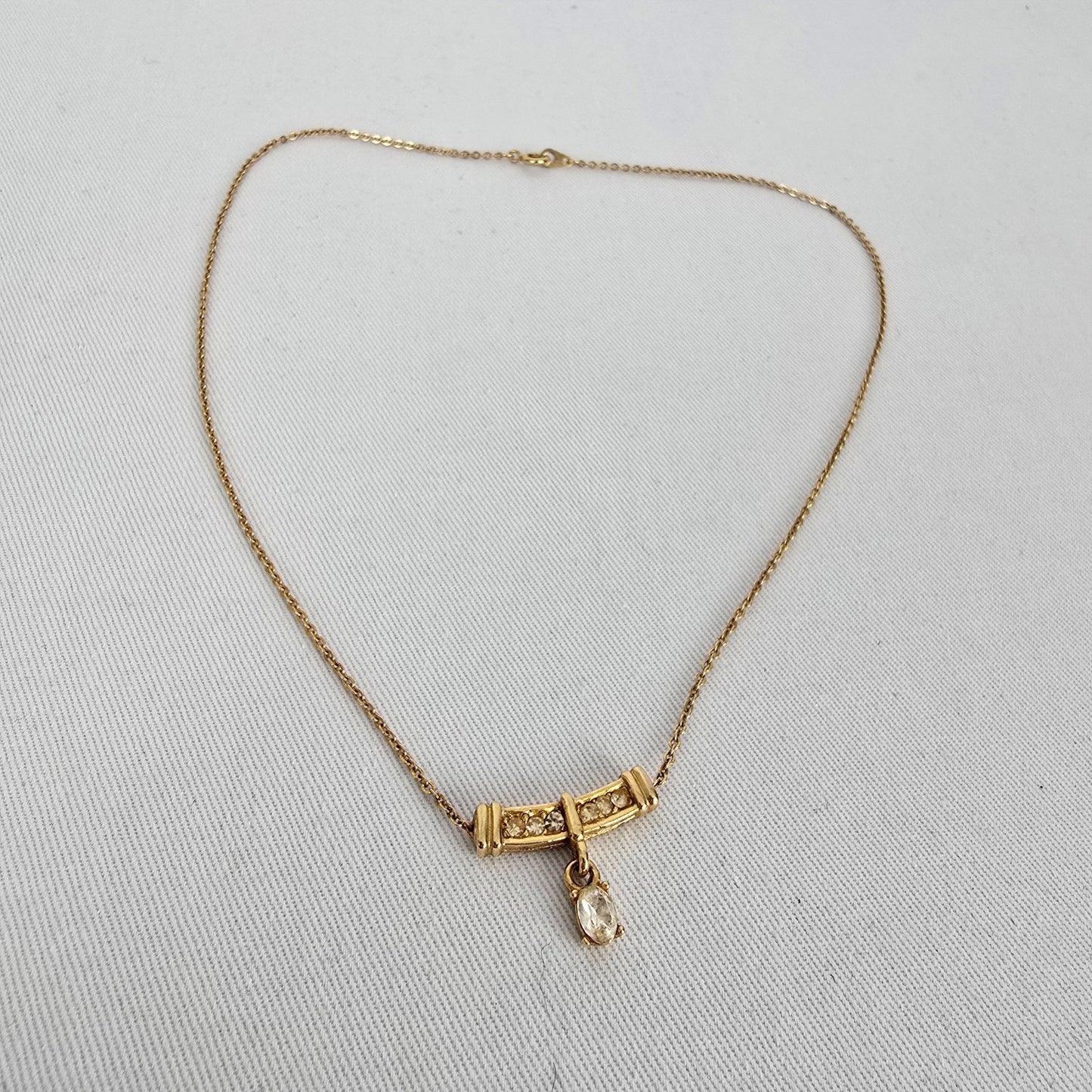 Vintage Gold Tone Bar Necklace Rhinestone Detail Dainty Drop Pendant