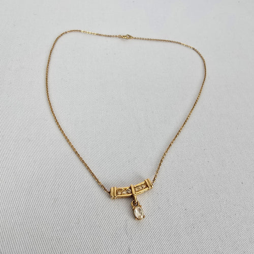 Vintage Gold Tone Bar Necklace Rhinestone Detail Dainty Drop Pendant