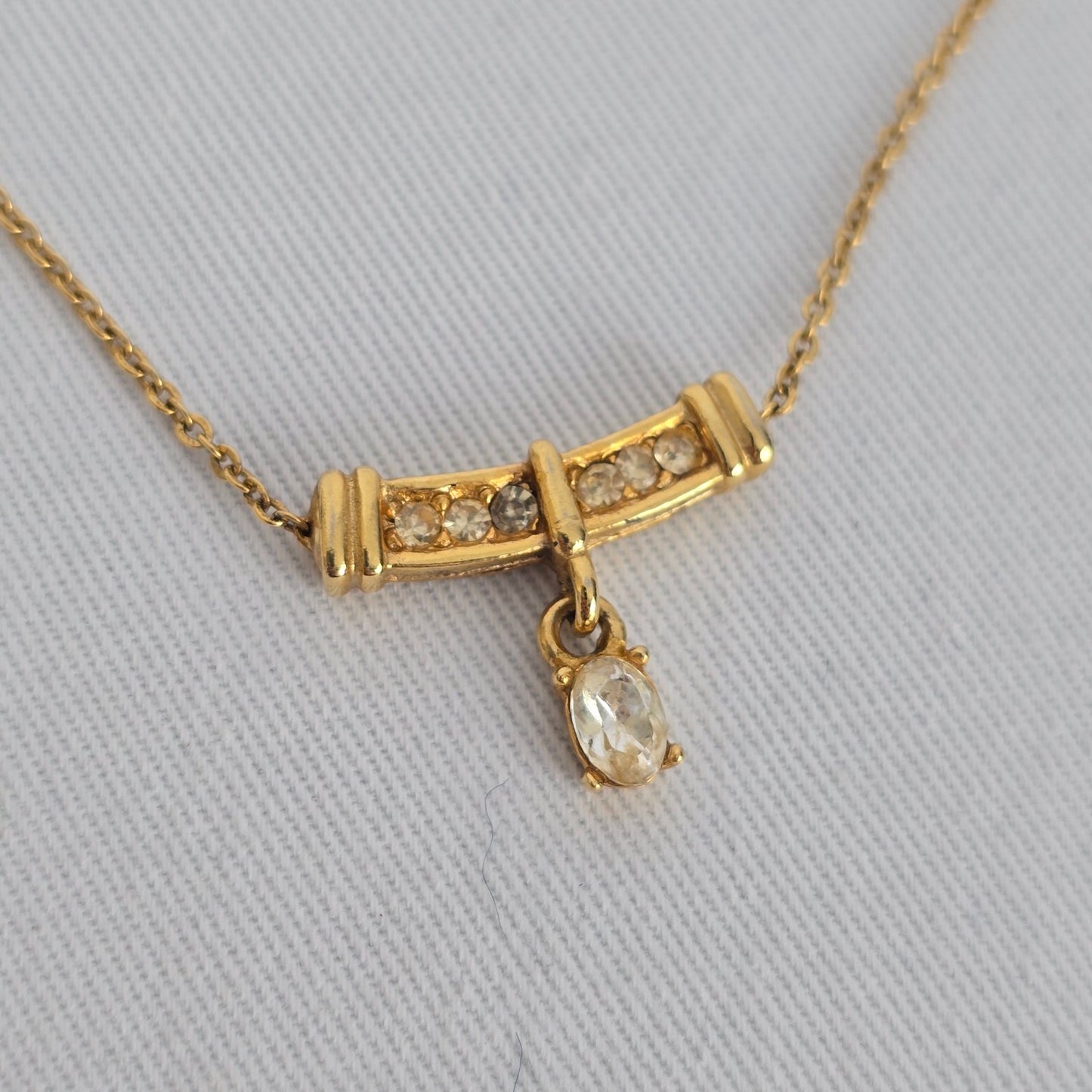 Vintage Gold Tone Bar Necklace Rhinestone Detail Dainty Drop Pendant