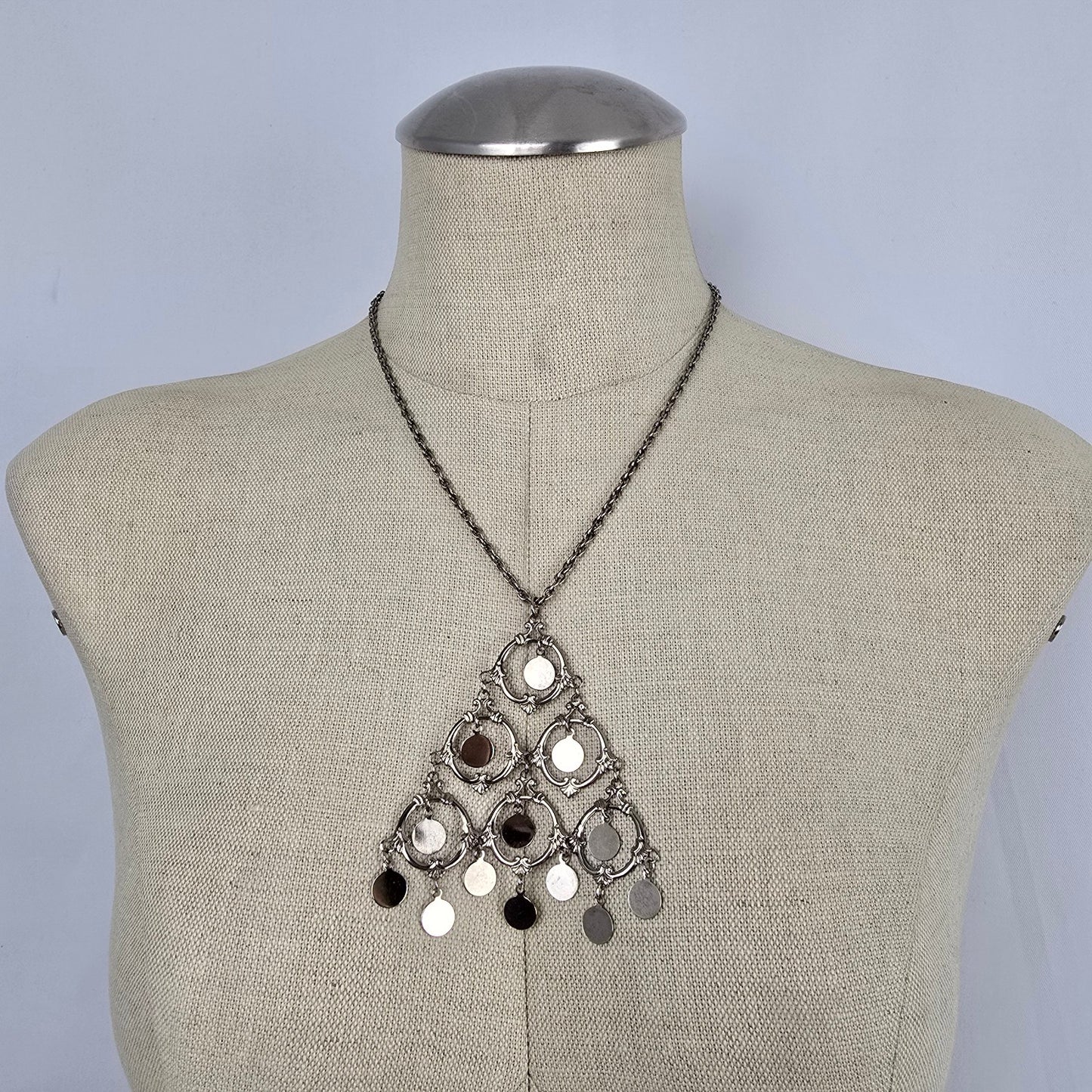Silver Tone Coin Fringe Necklace Boho Tribal Statement Bib Vintage Style